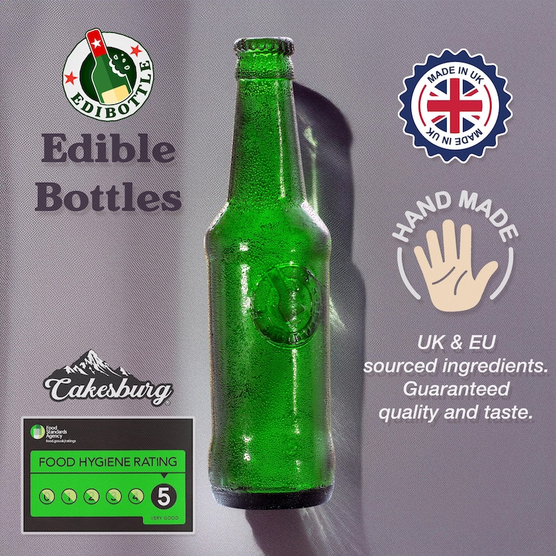 Handmade edible sugar beer bottles in brown and green colours by EdiBottle – luxury cake toppers made in the UK.