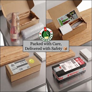 May include: A brown cardboard shipping box containing a pink bottle wrapped in plastic, a roll of bubble wrap, and a product information card. The box is shown open, closed with a label, and sealed with red and white fragile tape for delivery.