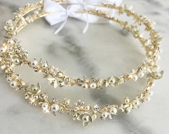 Gold Bridal Stefana Crown Champagne Greek Wedding Headpiece Pearl Crystal Wedding Crown  Orthodox Stefana  Bridal Hair Accessory