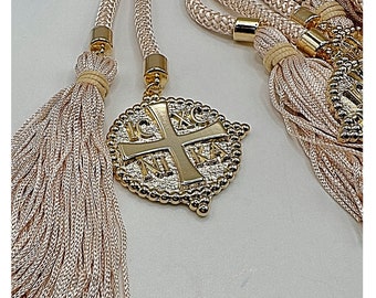 Gold Plated Traditional Religious  ICXC Greek Orthodox  Favors /Boubounieres Satin Beige Tassel.