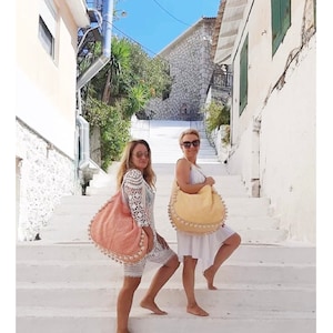 Handwoven Greek Summer Shoulder Bag  Purse Made in Greece in Crete Carry all Bag Organic Cotton Seamstress  Pom Poms