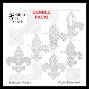 Puede incluir: Un paquete de descarga digital de cinco patrones de bordado en punto negro con diseños de flor de lis. Los patrones son en blanco y negro y son perfectos para crear proyectos de bordado intrincados. El paquete se titula "Bundle Pack!" y está disponible para descarga digital.