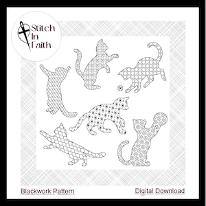 Cats at Play > Modèle de blackwork, motif de point de croix, broderie > Téléchargement numérique, PDF
