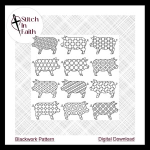 Pig Collection, Blackwork Pattern, Cross Stitch Pattern, Embroidery &gt; Digital Download, PDF