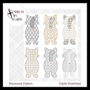 Puede incluir: Seis patrones de bordado en punto negro de gatos con diferentes diseños geométricos. Los patrones están etiquetados como "Blackwork Pattern" y "Digital Download".
