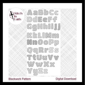 May include: Blackwork embroidery pattern alphabet in a digital download format. The letters are filled with intricate blackwork designs.