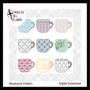 May include: Nine blackwork embroidery patterns of mugs with different geometric designs. The patterns are in various colors, including blue, purple, pink, black, green, red, and yellow. The patterns are labeled "Blackwork Pattern" and "Digital Download".