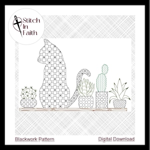 Katze & Kakteen &gt; Blackwork Pattern, Kreuzstichmuster, Stickerei &gt; Digital Download, PDF