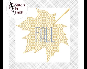 秋の葉のブラックワーク、クロスステッチパターン、刺繍 > デジタルダウンロード、PDF
