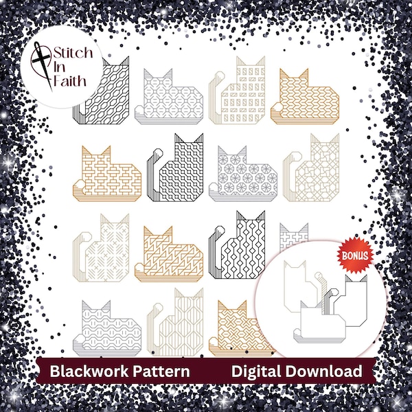 Cat Collection 1 + BONUS Ornament - Blackwork Pattern, Cross Stitch Pattern, Embroidery > Digital Download, PDF