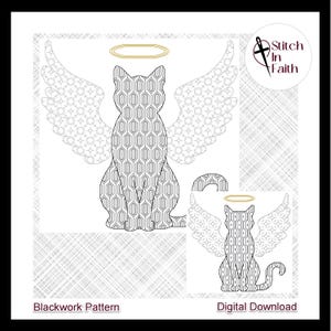 May include: Blackwork embroidery pattern of a cat with angel wings and a halo. The pattern is in black and white and is suitable for cross stitch or other embroidery techniques. Digital download.