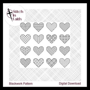 Può includere: Un download digitale di 16 motivi di cuore in punto nero. Ogni cuore presenta un design geometrico diverso. I motivi sono perfetti per il ricamo, il punto croce o altri progetti di cucito.