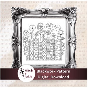 May include: A black and white floral blackwork pattern digital download framed in a silver ornate frame. The design features flowers growing from stylized books with various geometric patterns. The text "Stitch in Faith" and "Blackwork Pattern Digital Download" is visible.