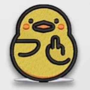 May include: Embroidered patch featuring a yellow chick with black outlines and an orange beak and cheeks. The chick is giving the middle finger. The patch is on a white background.
