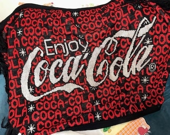 Vintage 80s Coca Cola Woven Throw Blanket- Knit Tapestry- Fringe- 60” X 44”
