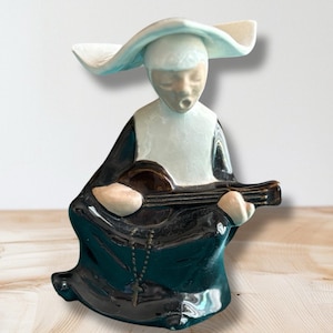 Vintage Flying Nun Figurine Playing Guitar w/ Rosary ~ Mid Century Modern 5”
