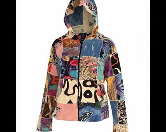Y2K Patchwork Hoodie Jacket Boho Grunge Hippie Indie Zip Up Womens L Cotton