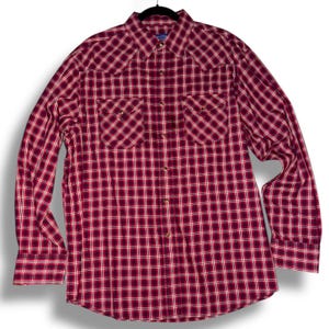 May include: A long-sleeved, button-down shirt in a red and white plaid pattern. The shirt has two chest pockets and a classic collar. The shirt is hanging on a black hanger.