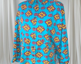 Vintage Venezia 1980s Turquoise Western Long Sleeve Cotton Shirt 22/24 Plus