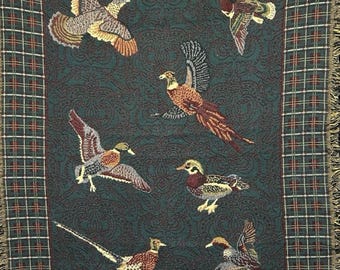 Vintage Goodwin Weavers, jetée tapisserie à carreaux, gibier à plumes et canard faisan