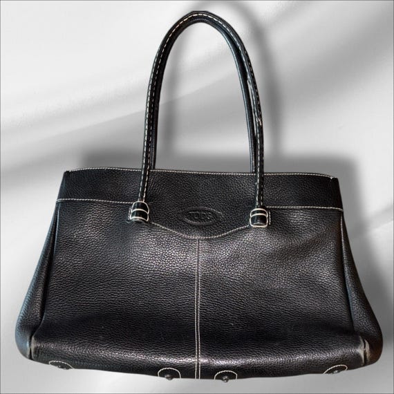 トッズのブラックペブルレザートートバッグ（ホワイトステッチ、ダブル