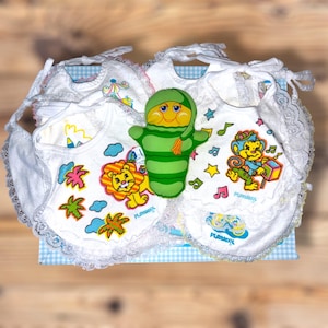 Vintage Deadstock Playskool 18 Baby Bib + Towel Set Plus Toy Glowworm Baby Gift