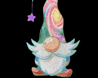 Colorful embroidered gnome on sweatshirt back or front - your choice