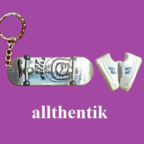 1) Vintage-Handmade Falcon Silver Pro-Fingerboard Skateboard-Keychain + 1) Pair White Skate Sk8 Shoes