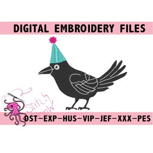 Puede incluir: Cuervo negro con un gorro de fiesta azul y rosa. Archivos de bordado digital para proyectos de costura. OST-EXP-HUS-VIP-JEF-XXX-PES