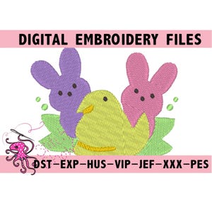 May include: Embroidery design featuring a yellow chick and two pastel bunnies, all in a nest of green leaves. The design is available in multiple file formats, including DST, EXP, HUS, VIP, JEF, XXX, and PES.