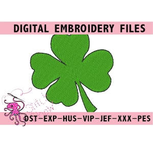 Puede incluir: Un diseño de bordado de trébol de cuatro hojas verde. El diseño está disponible en los siguientes formatos: DST, EXP, HUS, VIP, JEF, XXX y PES.