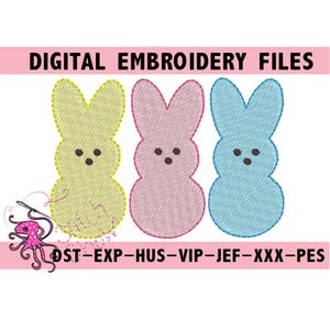 May include: Three embroidered Easter bunny designs in yellow, pink, and blue. The designs are in the shape of a Peeps marshmallow candy. The text "OST-EXP-HUS-VIP-JEF-XXX-PES" is below the designs.