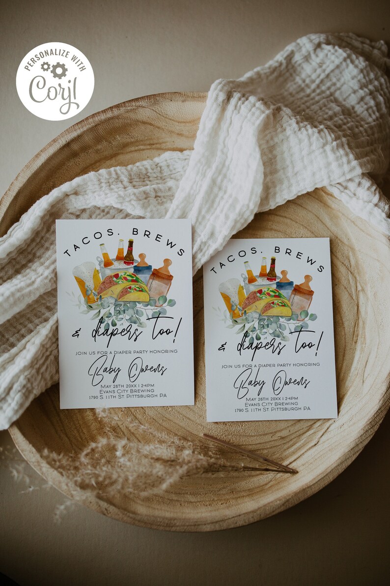 Tacos Brews and Diapers Too Diaper Party Invitation Coed Baby Shower
