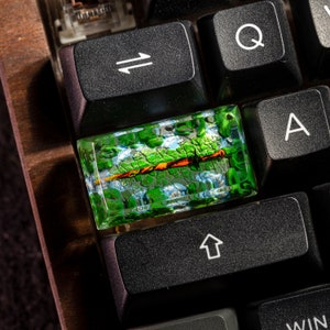 May include: A green and blue resin keycap with a small orange and black dragonfly inside. The keycap is on a black keyboard.