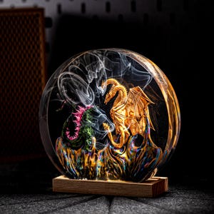 Diorama Monster Fighting Resin Lamp, Custom Night Light, Halloween Epoxy Resin Lamp, King of the Monsters Lamp, Gift For him, Halloween Gift