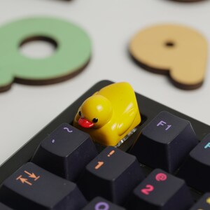 Puede incluir: Un tap&oacute;n de tecla de pato de goma amarillo se encuentra en un teclado mec&aacute;nico negro con etiquetas de teclas blancas. El teclado tiene teclas etiquetadas con letras, n&uacute;meros y s&iacute;mbolos. El tap&oacute;n de tecla de pato es una opci&oacute;n popular para jugadores y entusiastas de los teclados.