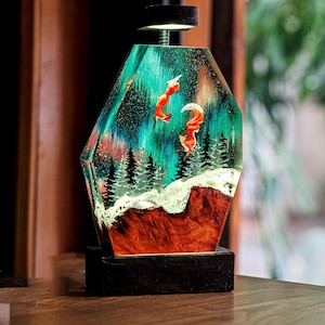 Fuchs im Winter Harz Lampe, Paar Fuchs Epoxy Nachtlicht, Milchstraße Nacht Fuchs Epoxidharz Lampe, Tier Lampe, Geschenk für sie, Geschenk für Papa