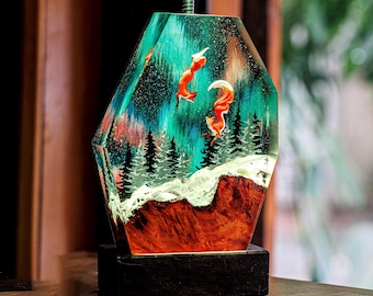 Fox in the Winter Resin Lamp, Couple Fox Epoxy Night Light, Milky Way Night Fox Epoxy Resin Lamp, Animal Lamp, Gift For her, Gift For Dad