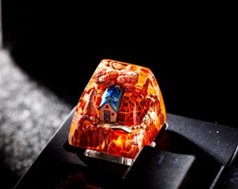 Autumn Watermill Artisan Keycap – Handmade Resin Keycap with Miniature House & Fall Landscape, Custom Mechanical Keyboard, Halloween Gift