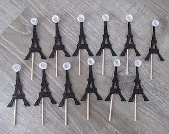 Adornos para cupcakes de la Torre Eiffel: purpurina negra, fiesta parisina (juego de 12)