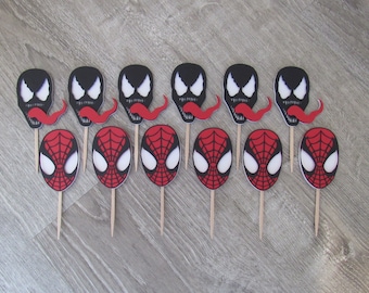 Adornos para cupcakes de Spiderman vs. Venom: decoraciones de superhéroes para fiesta de cumpleaños (juego de 12)
