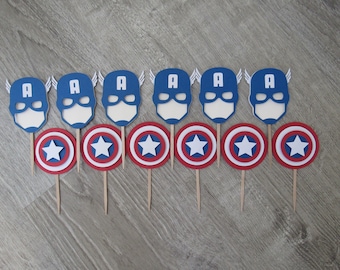 Captain America Cupcake Toppers: Superhero Birthday Party Decorations (Set of 12)