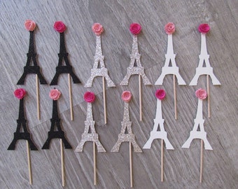 Adornos para cupcakes con purpurina de la Torre Eiffel: temática de París, baby shower, despedida de soltera (juego de 12)
