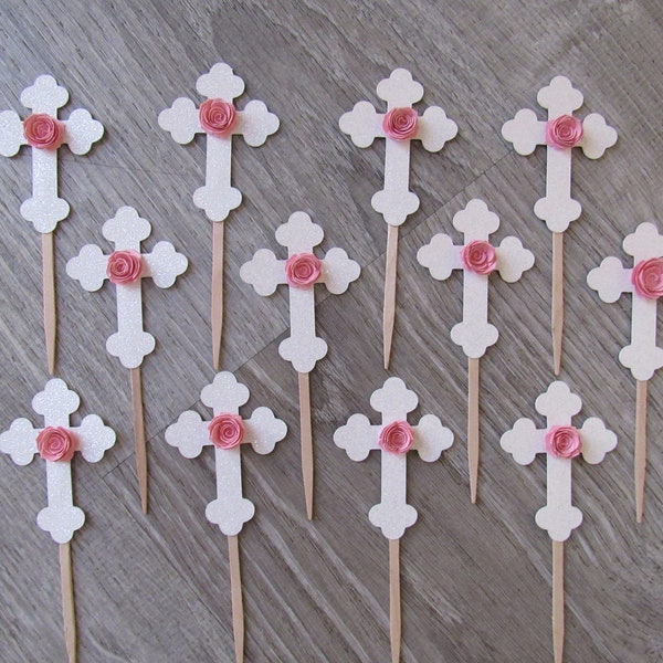 Cross Cupcake Toppers, White Glitter Crosses with Pink or Blue, Baptism Celebration, First Communion, Religious Celebrations