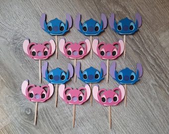 Stitch & Angel Cupcake Toppers; Stitch Birthday Party Decorations (Set of 12)