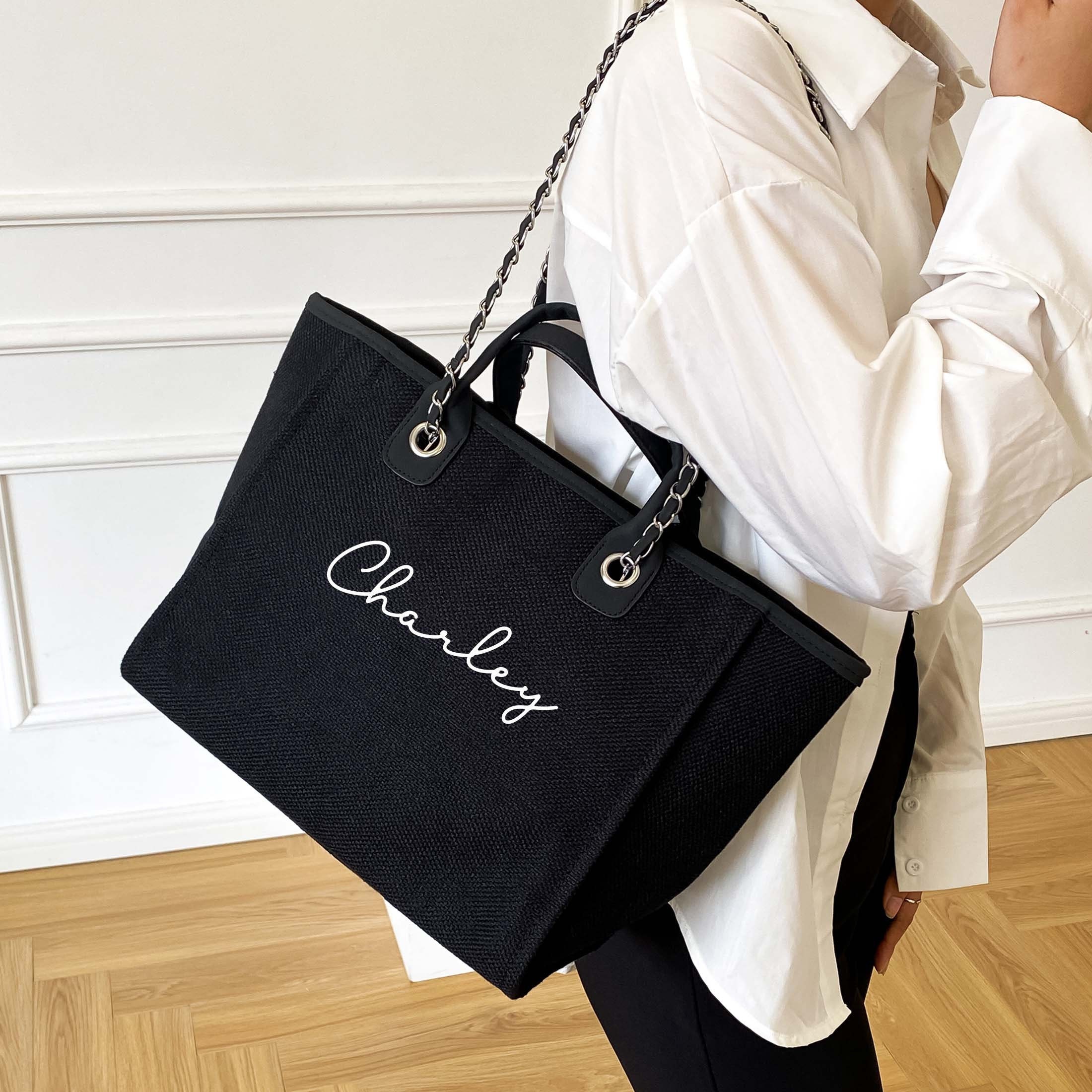 CHANEL Deauville PM Canvas Chain Tote Bag