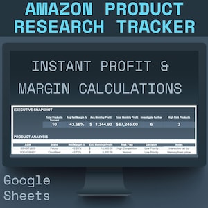 Könnte beinhalten: Ein Computermonitor zeigt einen Amazon-Produktrecherche-Tracker. Der Bildschirm zeigt "Sofortige Gewinn- und Margenberechnungen" und Datenauswertungstabellen. Das Google Sheets-Logo ist unten sichtbar.