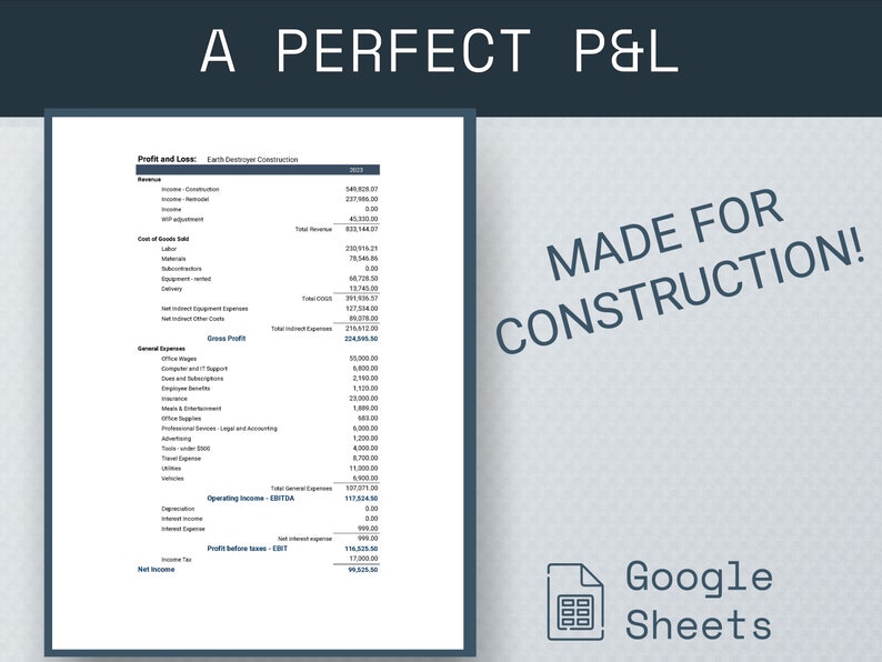 Construction Company Profit And Loss Statement, Profit And Loss Template Google Sheets, Bookkeeping Template, Income Statement Template image 2