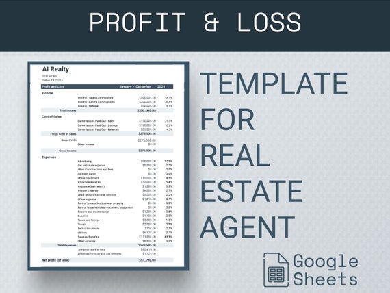 Real Estate Profit And Loss Template Google Sheets | Real Estate Agent  Bookkeeping Template | Realtor Profit Loss Spreadsheet Template