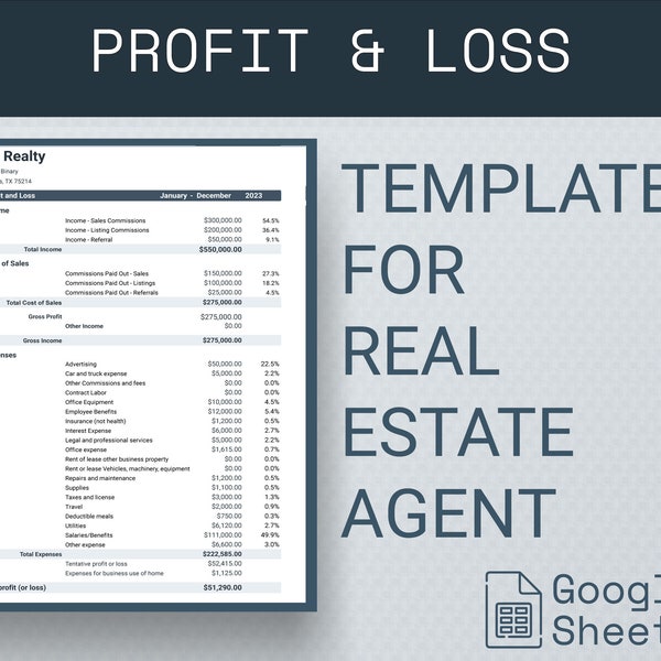 Real Estate Profit And Loss Template Google Sheets | Real Estate Agent  Bookkeeping Template | Realtor Profit Loss Spreadsheet Template